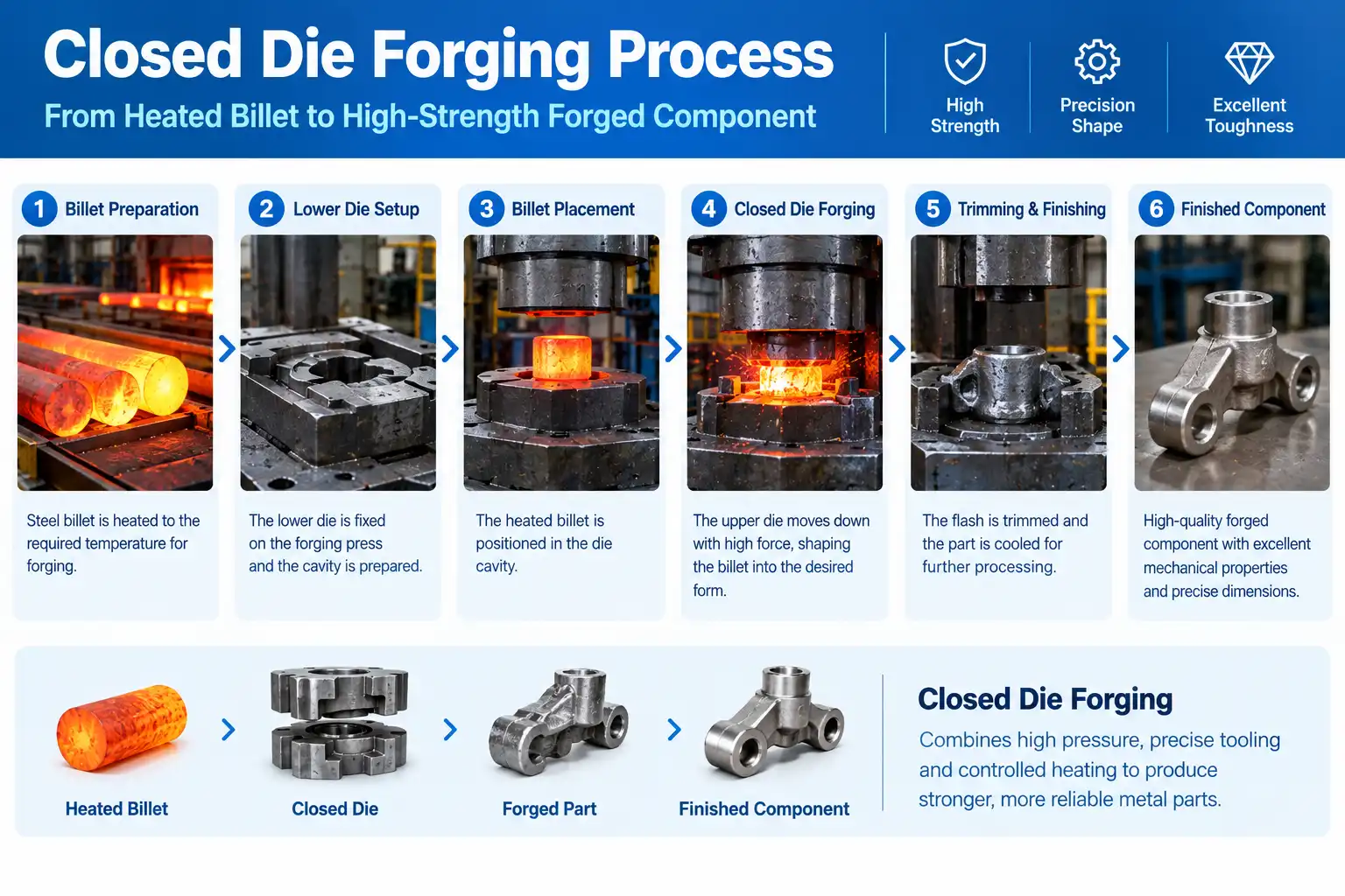 Closed die forging process showing billet, dies and forged component