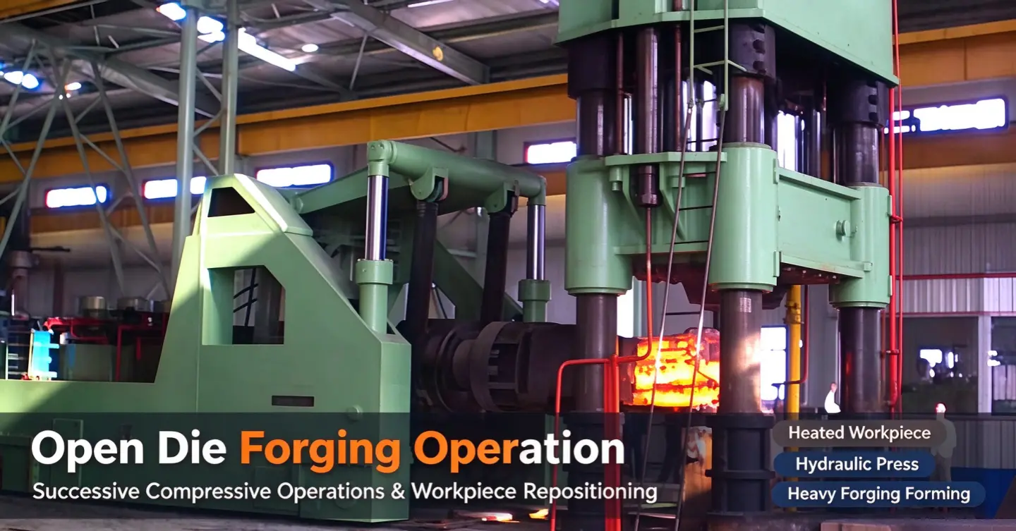 Open die forging process with a heated metal workpiece compressed between forging dies