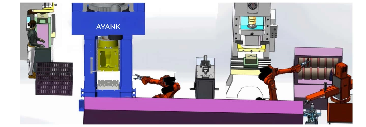 Forging press production line with workpiece handling and auxiliary equipment