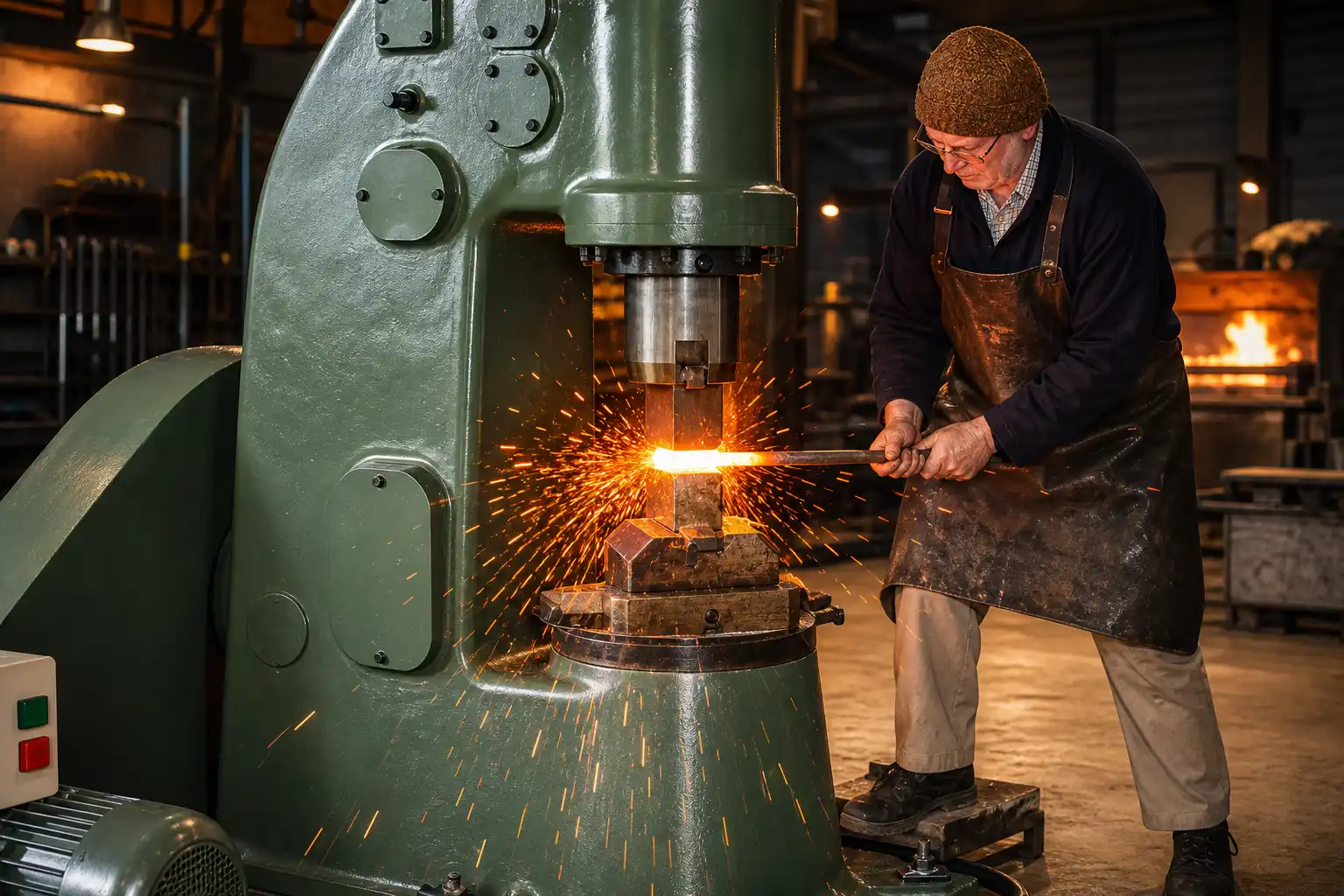 Pneumatic forging hammer applying repeated blows to a metal workpiece